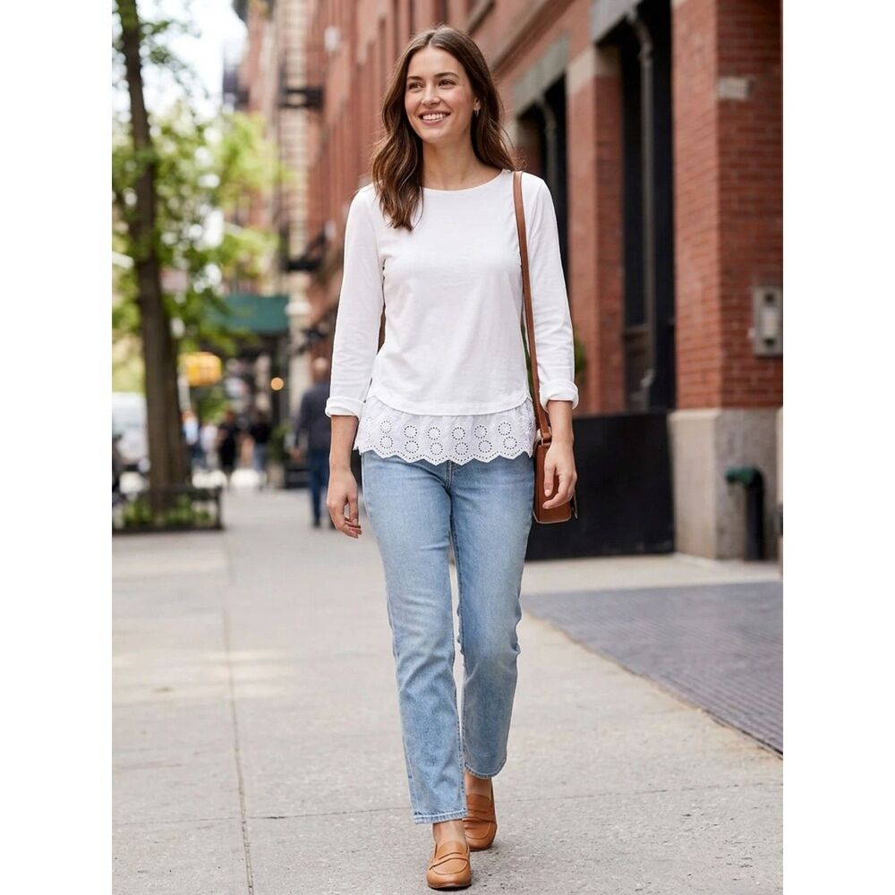 J. by J.Crew White Eyelet Hem Long Sleeve Top, Large EUC